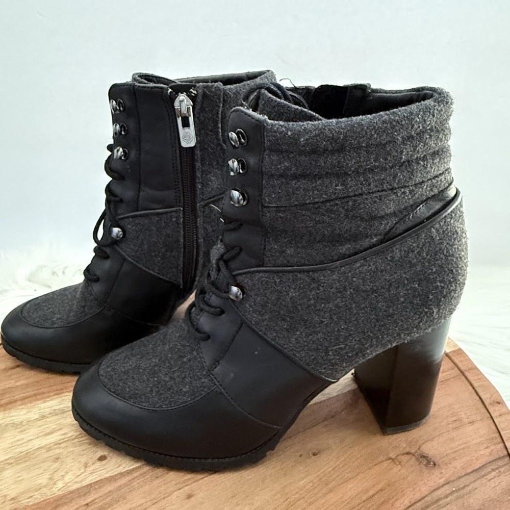Antonio Melani Ankle Boots Womens 9 Black Grey Excellent Leather Wool Block Heel